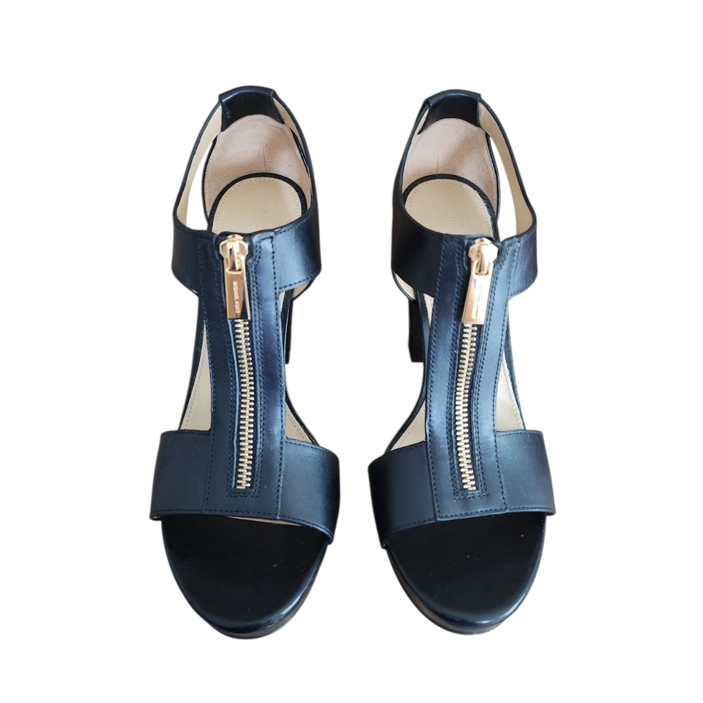 Michael Kors Berkley Lock Black Leather Platform Sandal Heels with Box - Picture 7 of 15